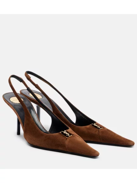 Pantofi cu toc Saint Laurent din piele de căprioară slingback maro