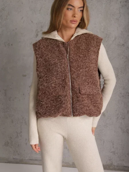 Vestă Casual din tricot Boucle cu și Emasa maro