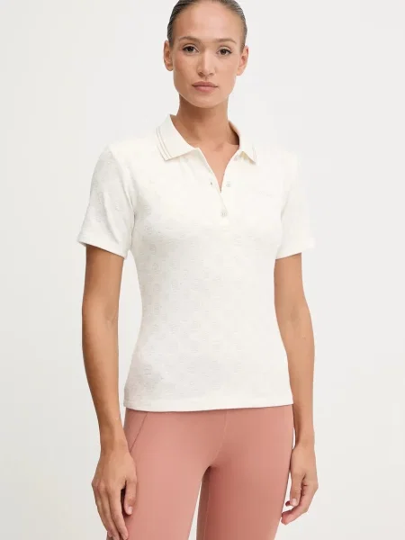 Тениска с яка Guess PEONY дамска бежово