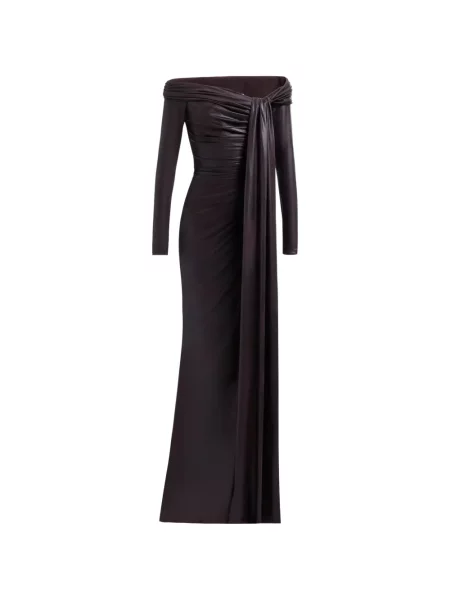 Rochie maxi Elie Saab drapată cu umerii deschiși maro