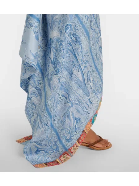 Rochie maxi Etro de mătase cu model paisley asimetrică albastru