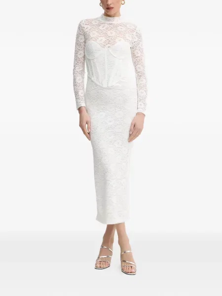Sukienka maxi Bardot koronkowa do kolan garniturowa biała