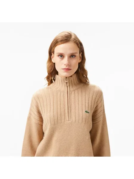 Lacoste Regular Fit Sweter Z Pół-Zamkiem I Blokami Kolorów beżowy