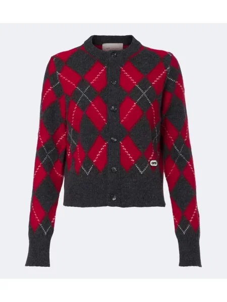 Cardigan Ami Paris de lână cu model argyle gri