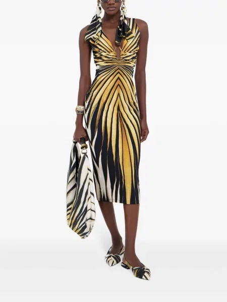 Raštuota kostiumas midi suknelė Roberto Cavalli iki kelių auksinė