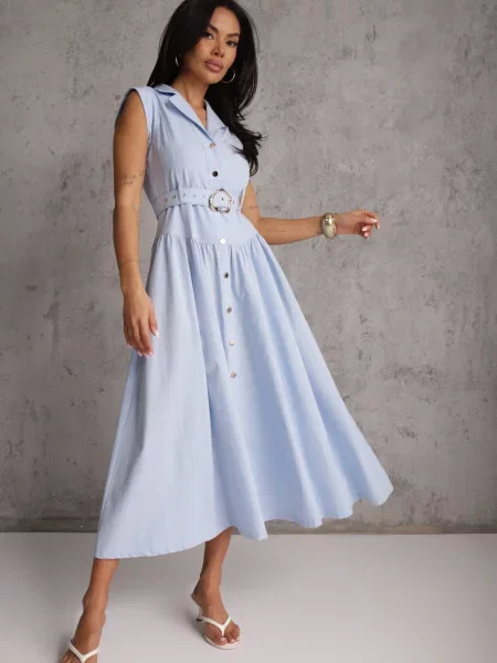Bawełniano-Wiskozowa Sukienka Koszulowa Bez Rękawów z Athithoe niebieska