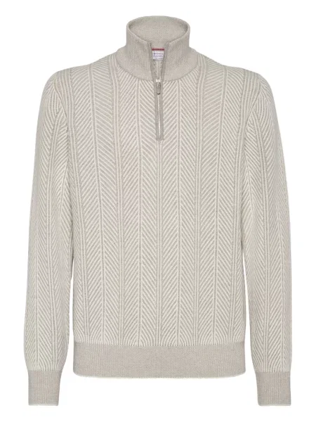Pulover Brunello Cucinelli cu model herringbone de jumătate de fermoar