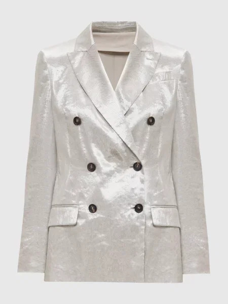 Сріблястий двобортний жакет з льоном Brunello Cucinelli