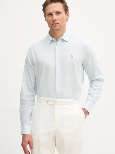 U.S. Polo Assn. košile s bavlnou LINEN BLEND LS modrá