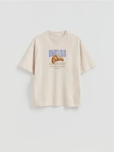 Reserved T-shirt boxy z nadrukiem beżowy