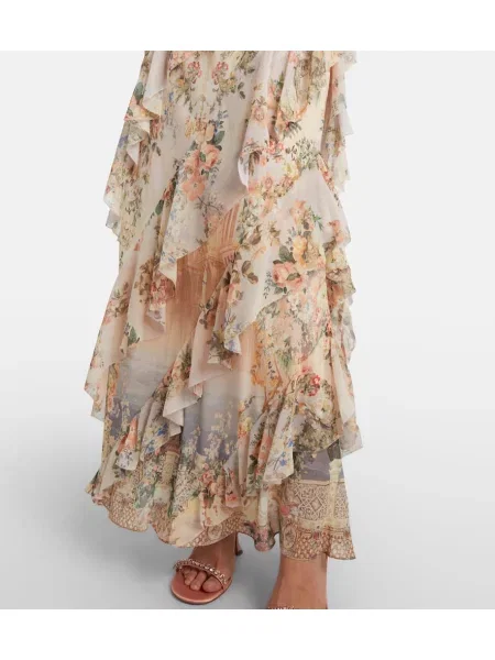 Rochie maxi Camilla de mătase cu model floral cu volane roz