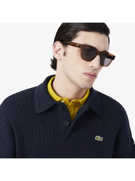 Lacoste Sweter Z Kołnierzykiem Polo I Wykonany We Francji granatowy