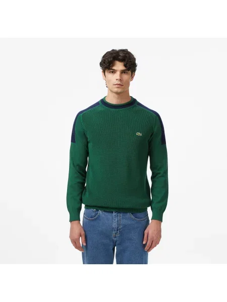 Lacoste Sweter Z Okrągłym Dekoltem Z Blokadą Koloru Classic Fit zielony