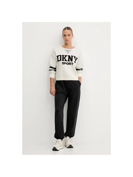 Sweter Dkny w paski z logo beżowy