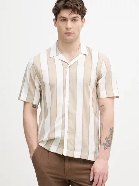 Lindbergh koszula z dodatkiem lnu beżowa