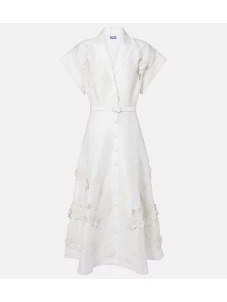 Rochie tip cămașă Leo Lin de in cu model floral alb