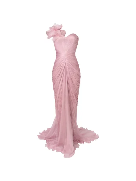 Rochie maxi Iris Serban cu model floral cu volane roz