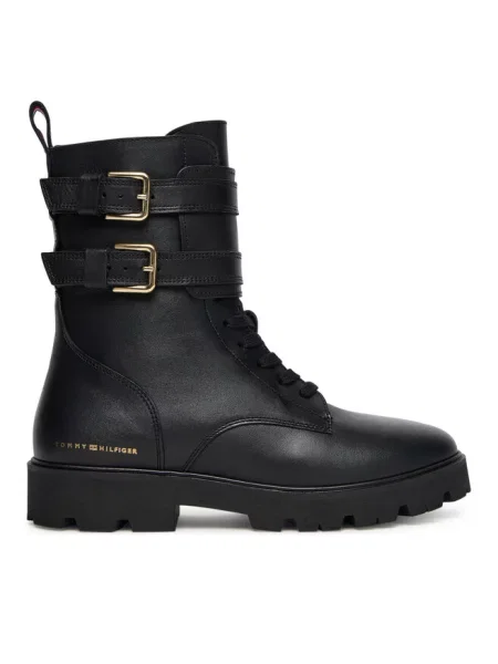 Tommy Hilfiger botki skórzane TH LTHR BIKER LACEUP na płaskim czarny