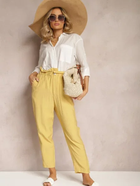 Klasyczne Spodnie z Elastyczną Talią Paper Bag Targea żółte
