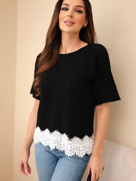 Pulover Kesi Włoski cu mâneci scurte din dantelă scurt negru