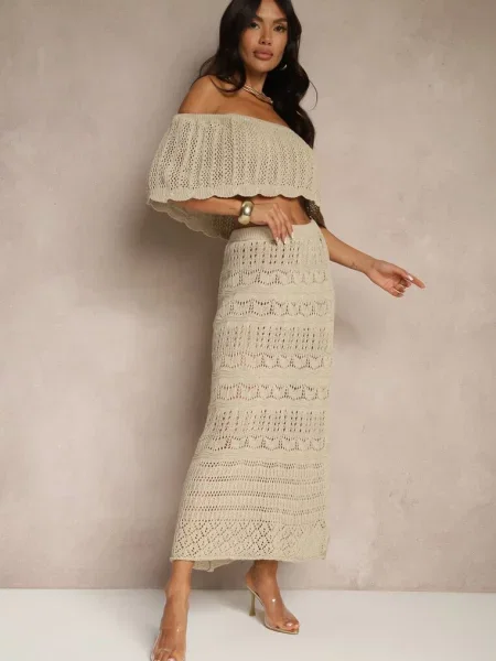 Ażurowy Komplet z Bawełną Spódnica i Top z Hiszpańskim Dekoltem Folanea beżowy