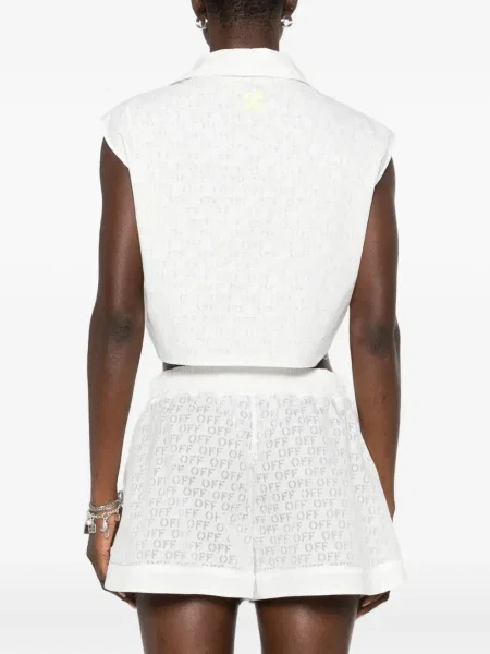 Top Off-white cu decolteu în V alb