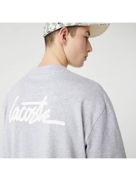 Lacoste L!Ve T-Shirt Unisex Z Nadrukiem I Okrągłym Dekoltem Relaxed Fit szary