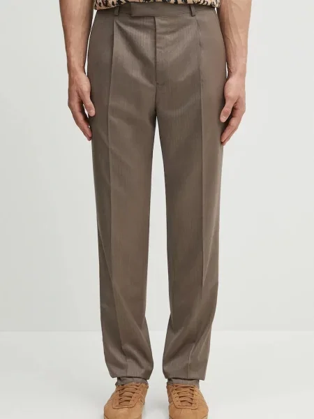 Wacko Maria pantaloni de lână PLEATED TROUSERS bărbați drepți bej