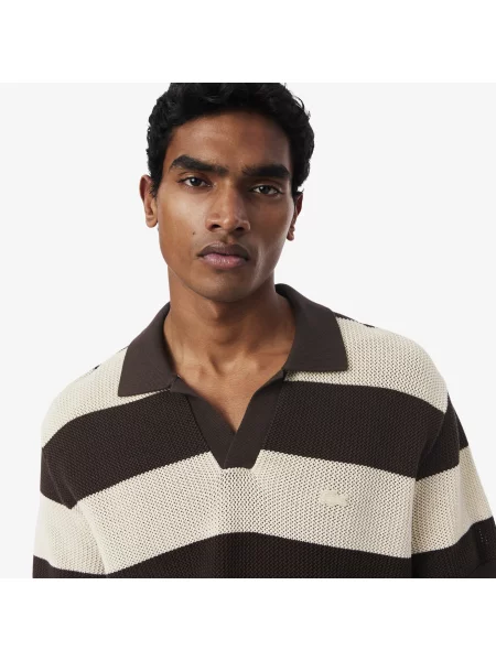Lacoste Sweter Z Kołnierzykiem Polo Z Krótkim Rękawem W Paski Classic Fit brązowy