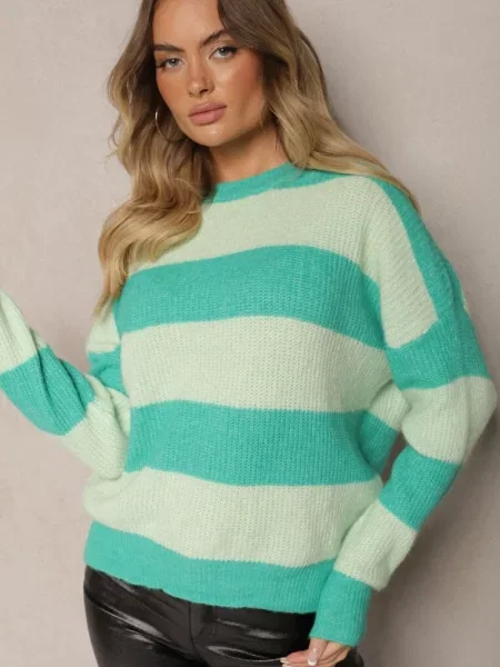 Sweter ze Ściągaczami Ozdobiony Pasami z Wełną Tiarosea zielony