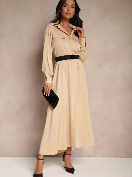 Satynowa Sukienka w Stylu Szmizjerki z Imitacjami Kieszeni i Vaminay beżowa