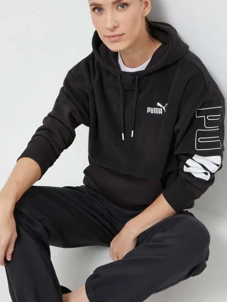 Суичър с качулка Puma с качулка с принт черно