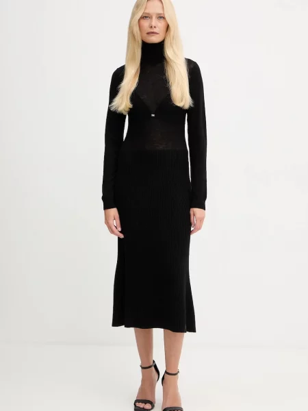 Elisabetta Franchi sukienka z dodatkiem wełny midi rozkloszowana czarny