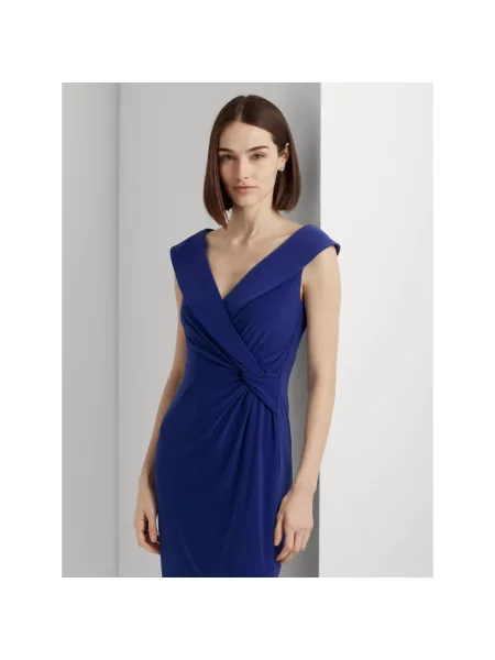 Długa sukienka maxi Ralph Lauren z dekoltem w serek biznesowa niebieska