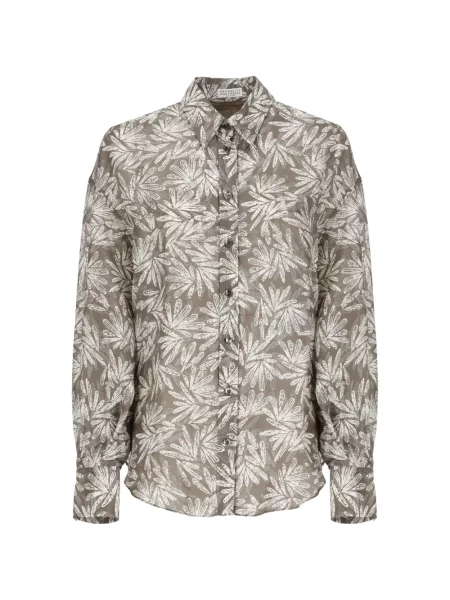 Cămașă Brunello Cucinelli de mătase cu model floral cu imagine maro