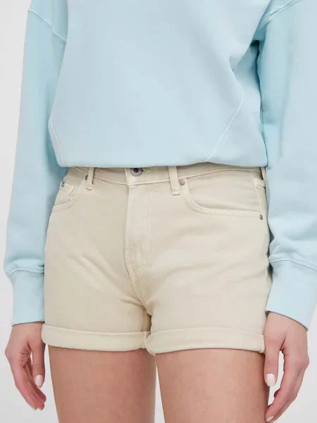 Traper kratke hlače Pepe Jeans za žene bez uzorka visoki struk bež