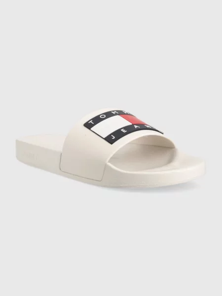 Lniane klapki Tommy Jeans beżowe