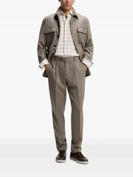 Pantaloni Boss de lână cu model herringbone conici maro