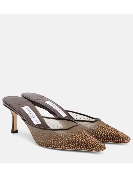Papuci tip mules Jimmy Choo plasă de cristal maro