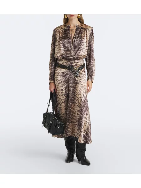 Fustă midi Isabel Marant din satin cu imagine cu model piele de șarpe bej