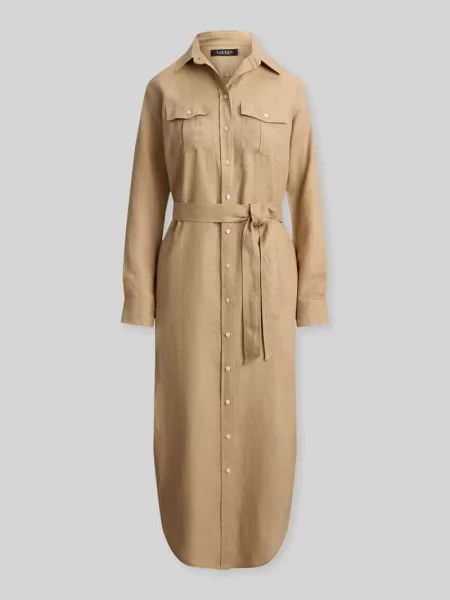 Wąska sukienka koszulowa midi z czystego lnu Lauren Ralph Lauren beżowa