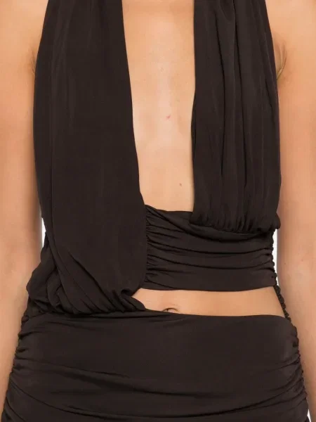 Rochie maxi Christopher Esber drapată de costum maro