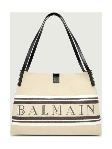 Balmain Geantă shopper cu adaos de piele bej