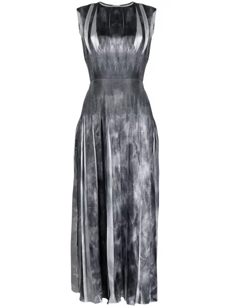 Rochie maxi Costarellos fără mâneci plisată de costum argintiu