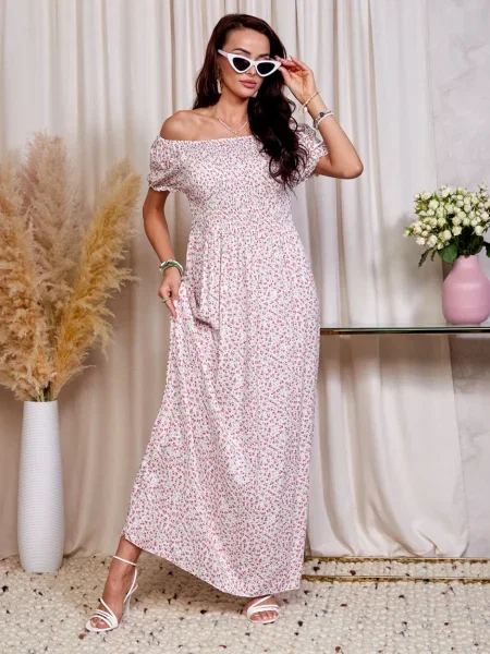 Rochie maxi Resti cu model floral de costum alb