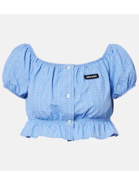 Top Miu Miu w kratkę popelinowy niebieski
