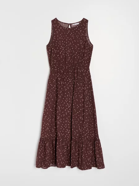 Міді сукня в горошок з воланом темно коричневий