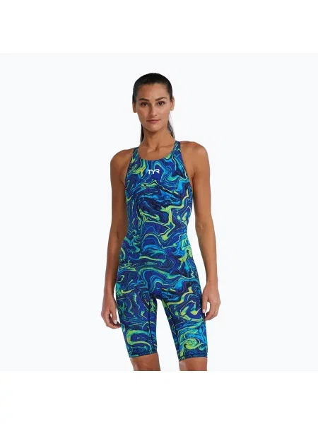 Costum de baie întreg pentru femei TYR Thresher Open Back Hyperblitz blue/green albastru