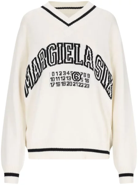 Pulover Mm6 Maison Margiela cu decolteu în V alb