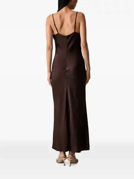 Rochie maxi Bardot din satin cu bretele maro